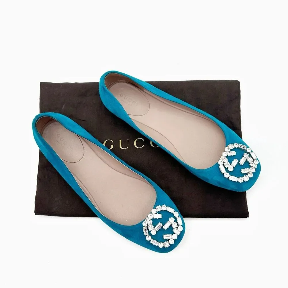 GUCCI Interlocking Crystal GG Ballet Flat Size 37 US 7 Teal Blue Suede
